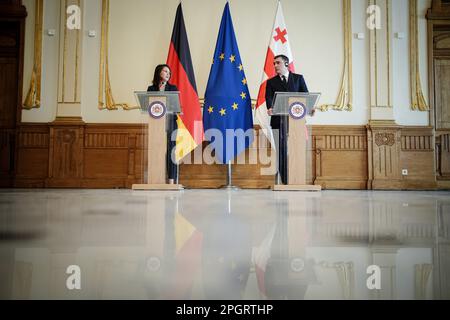 Tiflis, Georgia. 24. März 2023. Die Außenministerin Annalena Baerbock (Bündnis 90/die Grünen) und die Außenministerin Georgiens Ilia Darchiaschwili geben eine Pressekonferenz. Das Thema der Gespräche war der Krieg in der Ukraine und der Beitritt Georgiens zur EU. Kredit: Kay Nietfeld/dpa/Alamy Live News Stockfoto