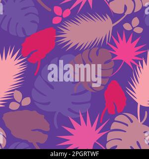 Vector nahtlos farbenfrohes tropisches Silhouettenmuster in exotischen Wäldern. Mehrfarbig hinterlässt einen stilvollen Hintergrund mit leuchtendem Violettdruck Stock Vektor