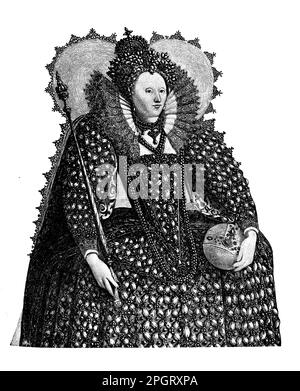 Elizabeth I. von England war eine der mächtigsten und erfolgreichsten Monarchen in der englischen Geschichte. Sie herrschte ab 1558-1603 und beaufsichtigte die Blüte der englischen Renaissance-Kultur, die Niederlage der spanischen Armada und die Errichtung der anglikanischen Kirche. Stockfoto