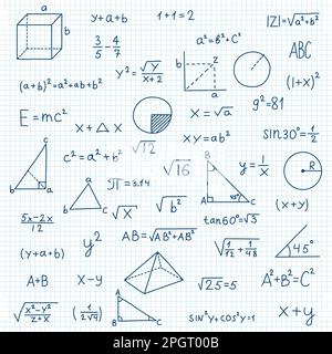 Handgezeichnete mathematische Symbole in flachem Stil. Vektordarstellung von Mathematikformeln auf isoliertem Hintergrund. Schulbildung signiert Geschäftskonzept. Stock Vektor