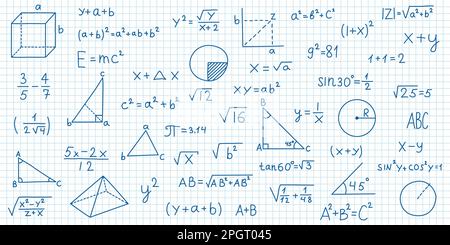 Handgezeichnete mathematische Symbole in flachem Stil. Vektordarstellung von Mathematikformeln auf isoliertem Hintergrund. Schulbildung signiert Geschäftskonzept. Stock Vektor