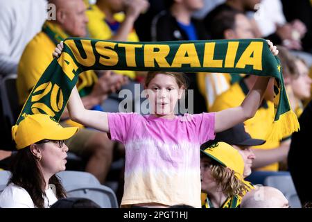 Sydney, Australien, 24. März 2023. Ein junger australischer Fan während des internationalen Männer-Fußballspiels zwischen den australischen Socceroos und Ecuador im CommBank Stadium am 24. März 2023 in Sydney, Australien. Kredit: Damian Briggs/Speed Media/Alamy Live News Stockfoto