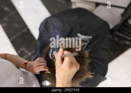 Friseur färbt Haare von Frauen im Schönheitssalon. Draufsicht Stockfoto