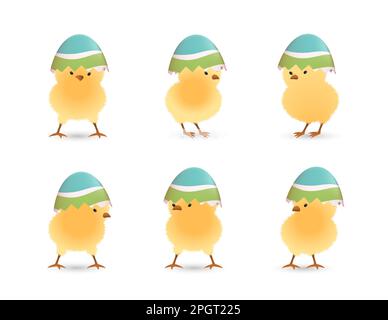 Küken im oberen Teil von gebrochenen Ostereiern mit gestreiften Sets Stock Vektor