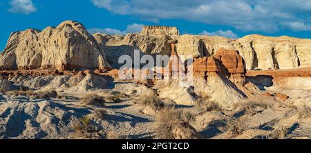 Ein malerischer Blick aus der Vogelperspektive auf ein Wüstental mit zahlreichen Sanddünen, Utah Stockfoto