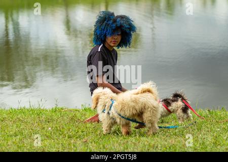 Goiania, Goias, Brasilien – 20. März 2023: Eine junge schwarze Frau mit gefärbtem blauem Haar sitzt mit ihren Hunden auf dem Rasen neben einem See. Stockfoto