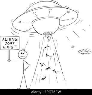 Eine Person mit Aliens-Zeichen existiert nicht mit UFO, einer Vektorstrichfigur oder einer Charakterzeichnung. Stock Vektor