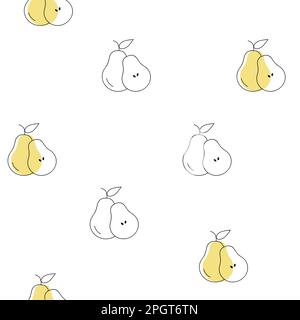 Birnen, nahtloses Muster. „Vector One Line“-Aufdruck mit „Doodle Fruits“. Veganes gesundes Nahrungsmuster für Ernährungswissenschaftler. Küchen- oder Restaurantdesign für Stoffe und Stock Vektor