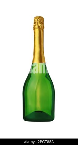 Schließen Sie eine offene grüne Glasflasche Champagner oder Prosecco Weißschaumwein mit goldener Folie, ohne Papieretikett, isoliert, mit PNG auf T Stockfoto