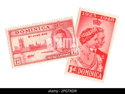 Alte Briefmarken aus Dominica isoliert auf weißem Hintergrund. Stockfoto