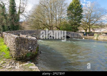 Alte Steinbrücke über den River Wye im hübschen Dorf Ashford in Derbyshire am Wasser im Peak District Stockfoto