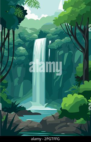 Wasserfall im Dschungel. Friedliche Landschaft im Wald. Vektorkunst des tropischen Bachs im Freien Stock Vektor