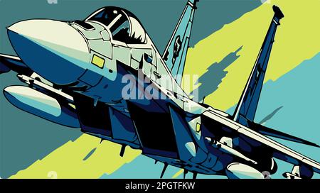 Farbenfrohe Illustration eines Militärflugzeugs der F-15. Pop-Art der Comic-Vektorzeichnung der schnellen Armee Stock Vektor