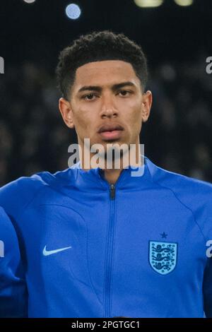 Englands Mittelfeldspieler Jude Bellingham (Bor. Dortmund) Beim Europameisterschaftsspiel Italien gegen England im Diego Armando Maradona Stadium in Neapel, Süditalien, am 23. März 2023. Stockfoto