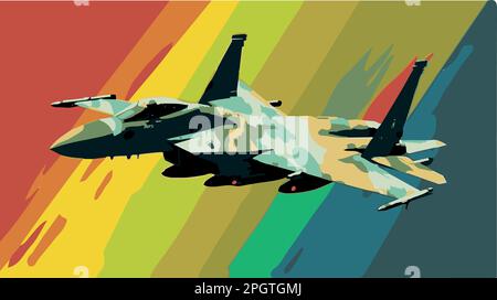 Farbenfrohe Illustration eines Militärflugzeugs der F-15. Pop-Art der Comic-Vektorzeichnung der schnellen Armee Stock Vektor