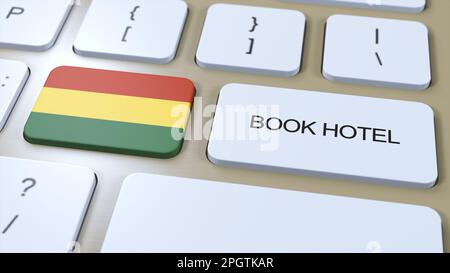 Hotel in Bolivien online buchen. Taste auf der Computertastatur. 3D-Animation für das Reisekonzept. Hoteltext und Nationalflagge buchen. 3D Illustration Stockfoto