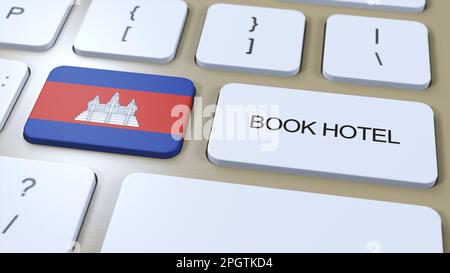 Hotel in Kambodscha online buchen. Taste auf der Computertastatur. 3D-Animation für das Reisekonzept. Hoteltext und Nationalflagge buchen. 3D Illustration Stockfoto