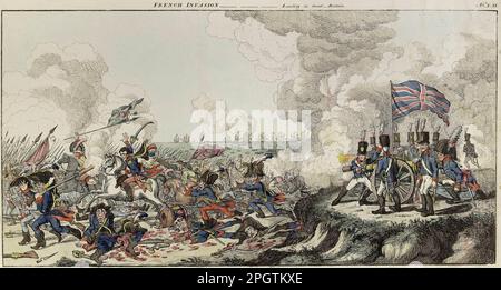 Französische Invasion       Landung in Großbritannien - englischer Cartoon: Die britische Armee gegen die französischen republikanischen Truppen. Bonaparte floh vor Angst Stockfoto