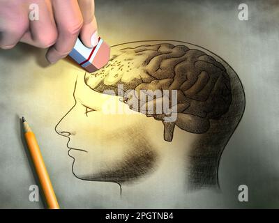 Jemand löscht eine Zeichnung des menschlichen Gehirns. Konzeptionelles Bild in Bezug auf Demenz und Gedächtnisverlust. Digitale Illustration. Stockfoto