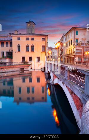 Treviso, Italien. Stadtbild des historischen Zentrums von Treviso, Italien bei Sonnenaufgang. Stockfoto