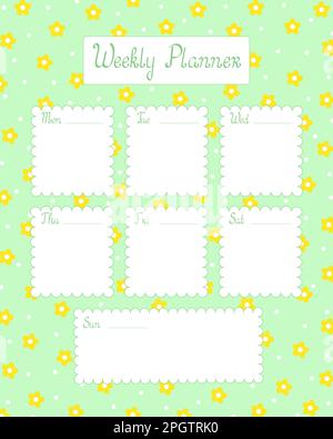 Wochenplaner leer Einfache Blumenvorlage Vektordarstellung, Organizer für Tagespläne, Zeitplan, Zeitplan mit Wochentagen und Werbedrucke, t Stock Vektor