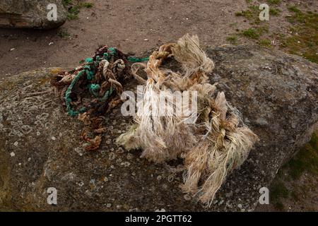 Weiße und grüne Bootsseile sind kaputt und liegen auf einem Felsen in der Nähe des Strandes. Stockfoto