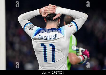 Jack Grealish aus England reagiert während des Fußballspiels der UEFA EURO2024 European Championship Qualification Group C zwischen Italien und England auf Diego Stockfoto