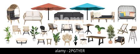 Terrassenmöbel Set Vektorsymbole isoliert auf Weiß Stock Vektor