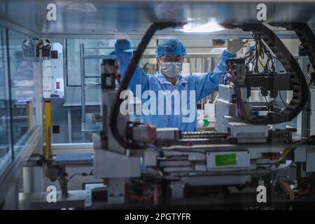 (230324) -- HANGZHOU, 24. März 2023 (Xinhua) -- Ein Arbeiter bedient eine automatische Maschine in einem Labor von Right Silver in Hangzhou, Ostchina Provinz Zhejiang, 22. März 2023. Privatunternehmen in Zhejiang, die sich auf die Industrie- und digitale Wirtschaft konzentrieren, haben sich in den letzten Jahren um die Weiterentwicklung der verarbeitenden Industrie bemüht. Die Zahl der registrierten Privatunternehmen und selbständigen Haushalte in der Provinz erreichte 2022 3,08 Millionen bzw. 6,04 Millionen. In der Liste der 500 größten privaten Unternehmen Chinas hat die Gesamtzahl der Unternehmen in Zhejiang r Stockfoto