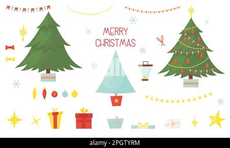 Weihnachtsdekoration isolierte Elemente mit Bäumen, Girlanden, Bällen, Spielzeug, Geschenkboxen, Sterne, Schneeflocken Stock Vektor