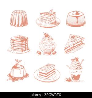 Ein Dessertset. Gebäck-Süßigkeiten-Sammlung isoliert auf weißem Hintergrund. Handgezeichnete Vektordarstellung. Retro-Style. Stock Vektor