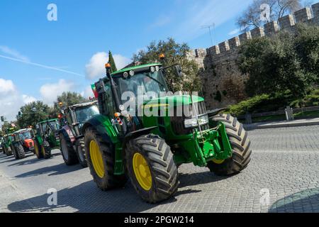 Evora, Portugal, 24. März 2023. Manifestation portugiesischer Bauern in Evora Alentejo mit einer riesigen Traktorsäule, die den Verkehr in der Stadt vollständig stoppte. Die Bauern haben sich sogar den Weg hineingedrängt Stockfoto