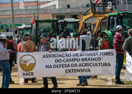 Evora, Portugal, 24. März 2023. Manifestation portugiesischer Bauern in Evora Alentejo mit einer riesigen Traktorsäule, die den Verkehr in der Stadt vollständig stoppte. Die Bauern haben sich sogar den Weg hineingedrängt Stockfoto