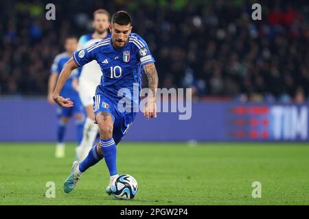 Neapel, Italie. 23. März 2023. Lorenzo Pellegrini (Italien) in Aktion während der UEFA Euro 2024, Europäische Qualifikatoren, Fußballspiel der Gruppe C zwischen Italien und England am 23. März 2023 im Stadio Diego Armando Maradona in Neapel, Italien - Photo Federico Proietti/DPPI Credit: DPPI Media/Alamy Live News Stockfoto