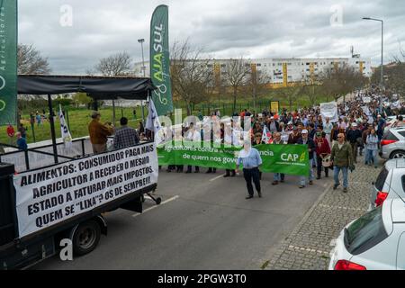 Evora, Portugal, 24. März 2023. Manifestation portugiesischer Bauern in Evora Alentejo mit einer riesigen Traktorsäule, die den Verkehr in der Stadt vollständig stoppte. Die Bauern haben sich sogar den Weg hineingedrängt Stockfoto