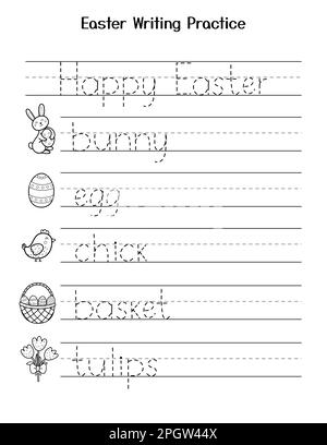 Ostern-Arbeitsblatt zum Nachverfolgen von Wörtern für Kinder. Übungsseite für Handschrift Stock Vektor