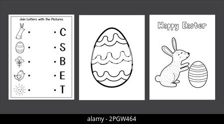 Arbeitsblätter zu Ostern mit niedlichem Häschen. Schwarze und weiße Sammlung von Aktionsseiten für den Frühling Stock Vektor