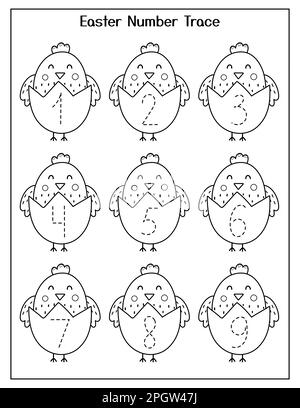 Das Osterarbeitsblatt mit den Zahlen und den süßen Mädels. Übungsseite für Handschrift Stock Vektor