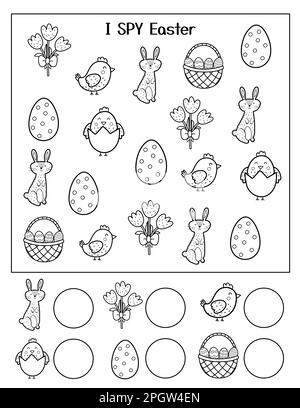 Ich SEHE Ostern-Arbeitsblätter schwarz-weiß. Informationsaktivität und Ausmalseite Stock Vektor