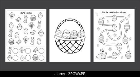 Arbeitsblätter zu Ostern mit niedlichem Häschen. Schwarze und weiße Sammlung von Aktionsseiten für den Frühling Stock Vektor