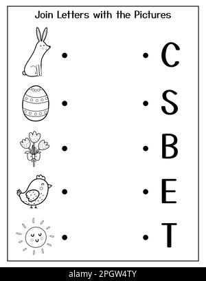 Spiel „Buchstaben und Bilder“ für Kinder. Puzzle zu Ostern Stock Vektor