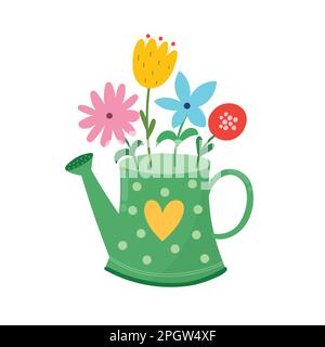 Gießkanne mit Blumen. Hübscher, handgezeichneter, wunderschöner Blumentopf im Cartoon-Stil Stock Vektor