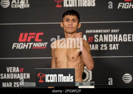 SAN ANTONIO, TX, USA. 24. März 2023. SAN ANTONIO, TX - 24. März: Victor Altimirano betritt die Waage für die offiziellen Wiegevorgänge im Westin San Antonio North für die UFC Fight Night – Vera vs Sandhagen – am 24. März 2023 in SAN ANTONIO, USA. (Kreditbild: © Louis Grasse/PX Imagens via ZUMA Press Wire) NUR REDAKTIONELLE VERWENDUNG! Nicht für den kommerziellen GEBRAUCH! Stockfoto