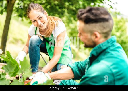 Glückliche Landarbeiter, die sich um kleine Pflanzen in alternativer Landwirtschaft kümmern - Biologisches Agrarkonzept mit Bauernpaar, die gemeinsam an ENvir arbeiten Stockfoto