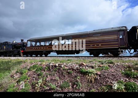 Devon Belle Pullman Aussichtsplattform Nr. 13, vorbei an Goodrington mit der Dartmouth Steam Railway, die mit dem GWR-Panzer Nr. 4277 Hercules nach Paignton gebracht wird. Stockfoto