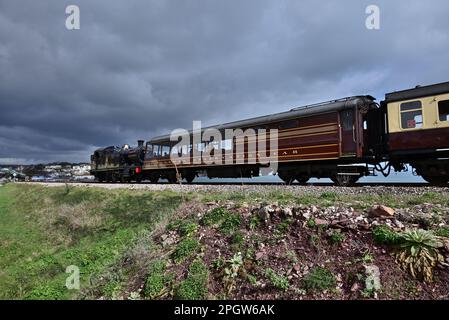 Devon Belle Pullman Aussichtsplattform Nr. 13, vorbei an Goodrington mit der Dartmouth Steam Railway, die mit dem GWR-Panzer Nr. 4277 Hercules nach Paignton gebracht wird. Stockfoto