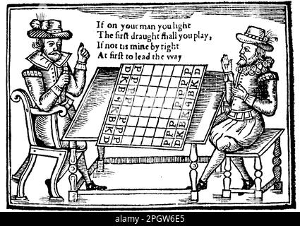 ELISABETHANISCHES BRETTSPIEL aus einer Holzgravur aus dem 16. Jahrhundert, in der zwei Männer eine Art Zugluft spielen Stockfoto