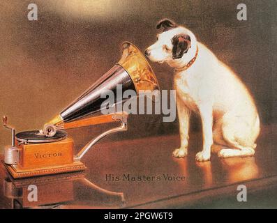 SEINE MEISTERSTIMME das 1901-Gemälde des englischen Künstlers Francis Barraud (1856-1924), das seinen Hund Nipper zeigt. Das Originalbild enthielt einen Zylinderrekord. Barraud ersetzte diese durch eine flache Scheibe, wie sie von der Gramophone Company in London verwendet wurde. Die amerikanischen Rechte an dem Gemälde wurden von der Victor Talking Machine Company gekauft. Stockfoto