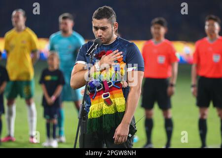 24. März 2023; CommBank Stadium, Sydney, NSW, Australien: International Football Friendly , Australien gegen Ecuador; ecuadorianische Nationalhymne wird vor dem Spiel gesungen Stockfoto