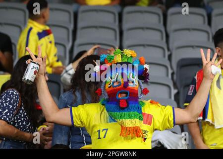 24. März 2023; CommBank Stadium, Sydney, NSW, Australien: International Football Friendly , Australien gegen Ecuador; Ecuador-Fan in traditioneller Kleidung Stockfoto